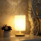LED Bedside Table Lamp With Fabric Shade and Wood Base.
