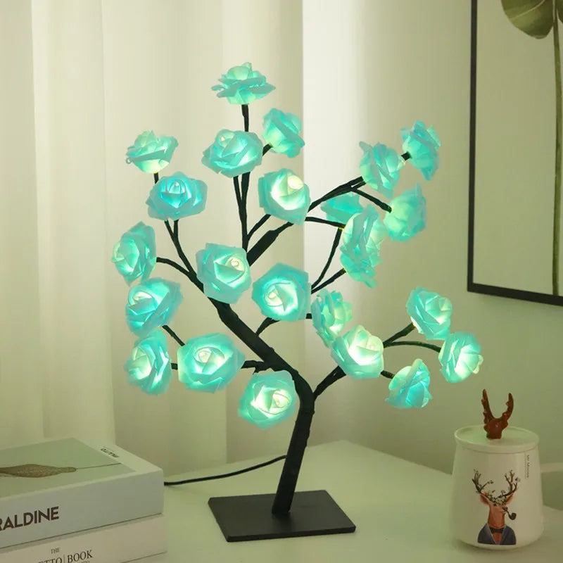 USB LED Rose Flower Tree Table Lamp White 33cm