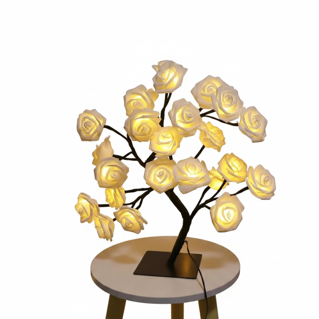USB LED Rose Flower Tree Table Lamp White 33cm