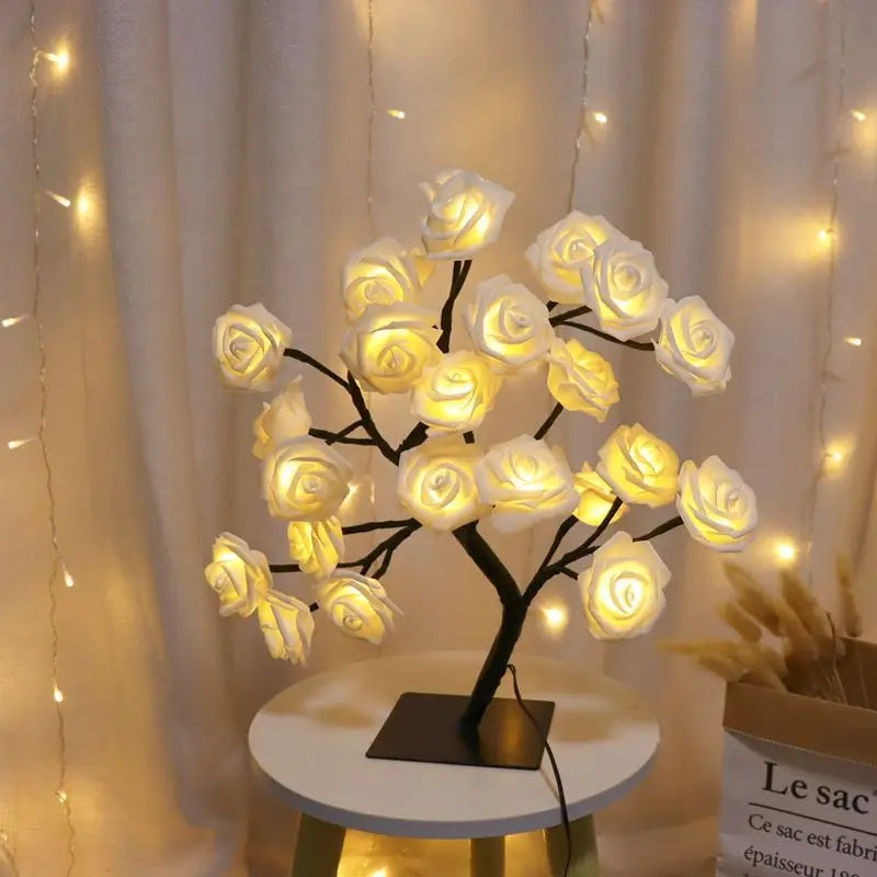 USB LED Rose Flower Tree Table Lamp White 33cm