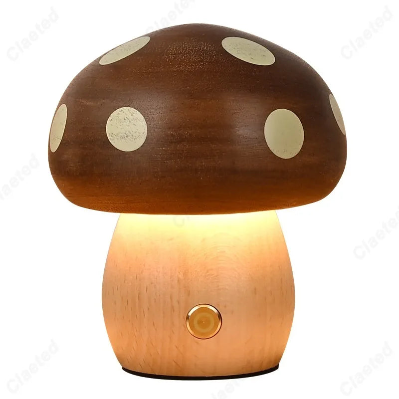 LED Solid Wood Mushroom Night Light