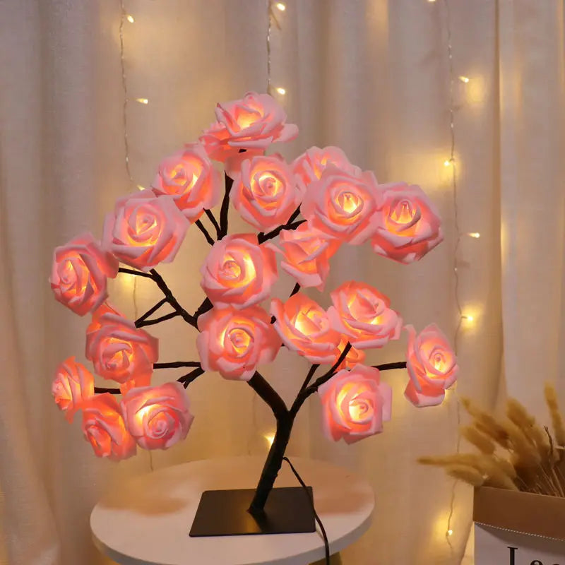 USB LED Rose Flower Tree Table Lamp White 33cm